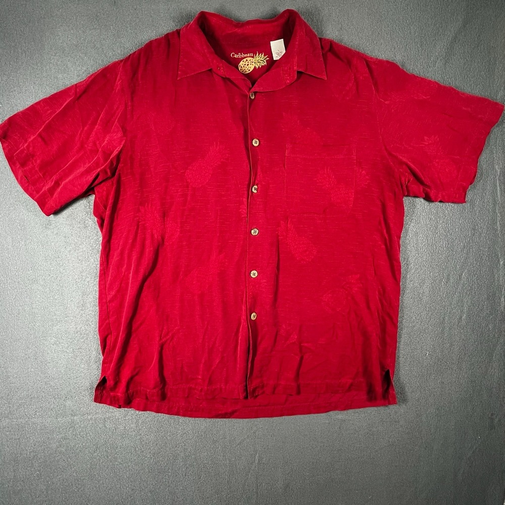 Caribbean Red Silk Pineapple Print Button Up Camp Shirt Mens Large
